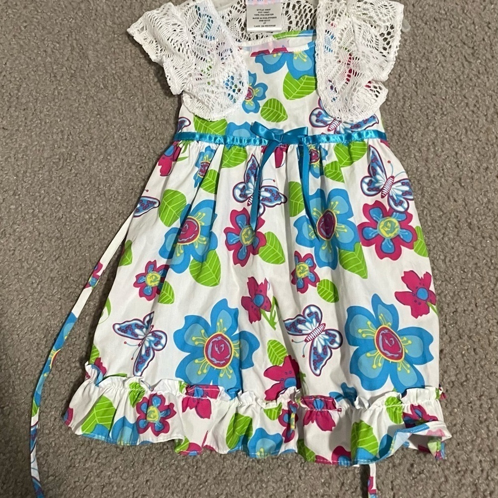 Blue Green Floral Flutter Cap Sleeve Sundress - Picture 3 of 4